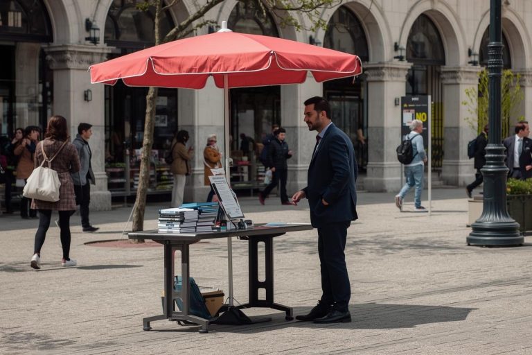 Infostand Mann im Anzug steht am Tisch mit rotem Sonnenschirm in belebter Stadtstraße.