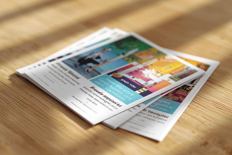 Flyer und Print Mehrere bunt bedruckte Flyer liegen auf einem Holztablett.
